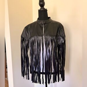 Ashley Stewart Black Fringe Faux Leather Jacket/Cape